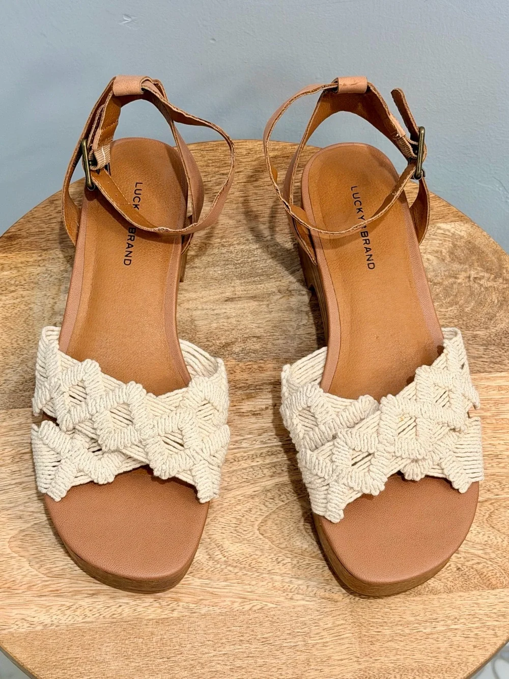 Lucky Brand Famika Woven Macrame Platform Heel Sandals Tan Cream Boho Size 10M